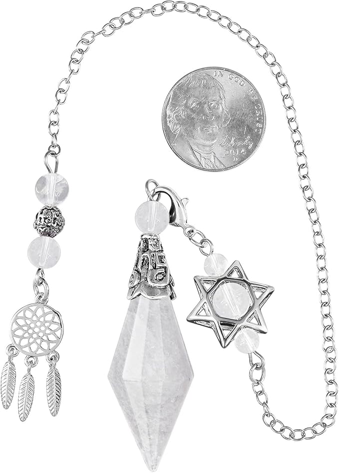 TUMBEELLUWA Reiki Healing Crystal Point Pendulum Dowsing Divination, Reiki Meditation Faceted Stone Pendant with Dream Catcher and Merkaba Star Chain, Rock Crystal