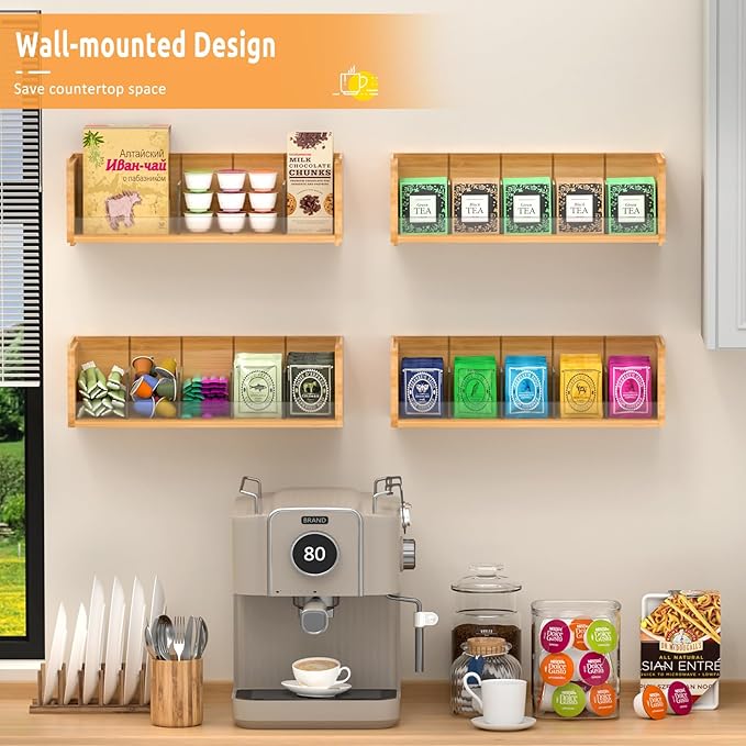 X-cosrack Bamboo Tea Bag Organizer Storage Box, 2-Tier Stackable Tea Box for Countertop, Wall Mount Tea Bag Holder, Tea Storage Chest Natural Wood for Office Kitchen Cabinet Pantry