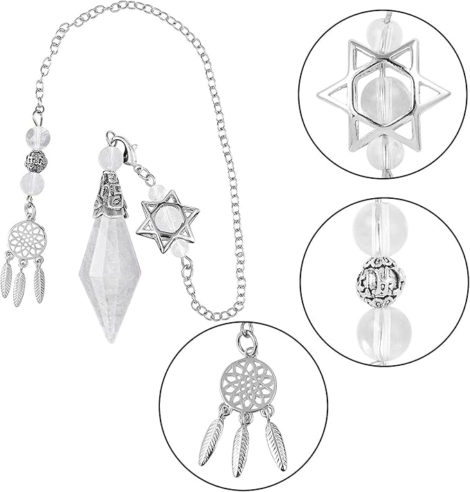TUMBEELLUWA Reiki Healing Crystal Point Pendulum Dowsing Divination, Reiki Meditation Faceted Stone Pendant with Dream Catcher and Merkaba Star Chain, Rock Crystal