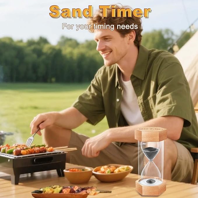 Sand Timer 2 Minute Hourglass, Natural Wood Grain Hexagonal Hour Glass Blaçk Sand Clock 2 Minutes, Reloj De Arena, Wooden Sandglass Sand Watçh 2 Min for Kids, Rustic Decor, Office, Game, Classroom