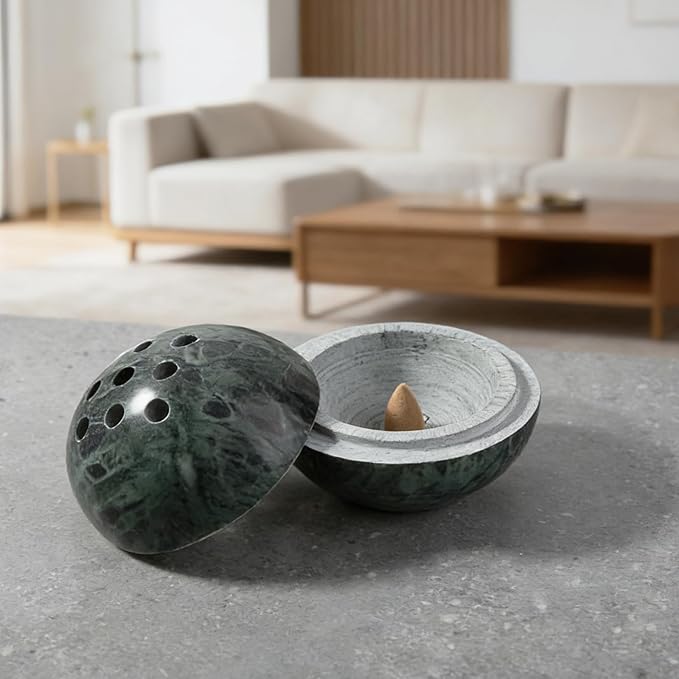 Koville Marble Incense Burner, Natural Stone Incense Holder for Cone/Balsam Fir/Palo Santo/Sage, Handmade Sphere Incense Burner for Meditation Yoga SPA Relaxation, Home Decor(Green)