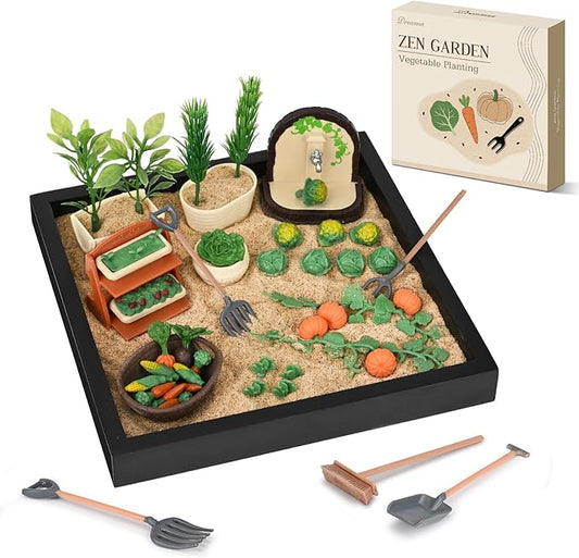 Dreamon Zen Sand Garden for Desk - Vegetable Gardening Themed Sand Tray Therapy Kit with 56 Accessories & Encouragement Cards - Meditation Room & Office Stress Relief Toy - Funny and Novelty Gift Idea