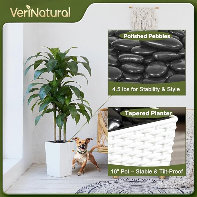 Artificial Dracaena Tree 5FT - Fake Tree with White Taper Planter & Pebbles - UV Resistant Faux Yucca Tropical Plant - Artificial Trees for Home Office Living Room Decor Indoor Outdoor