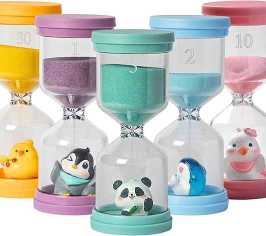 5 Pcs Colourful Plastic Hourglass with Different Animals,Sand Timers 1m/2m/5m/10m/30m,Sand Timers for Students,Games,Classroom,Kitchen,Office,Desk Decor (Pack of 5)