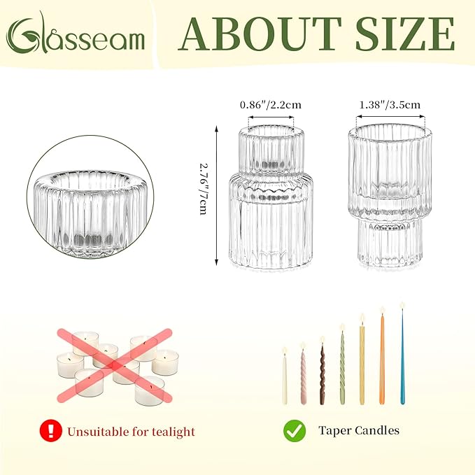 Glasseam Small Candle Stick Holder: Crystal Clear Glass Candle Holder Set of 10, Modern Taper Candle Holders for Table Centerpiece, Ribbed Tapered Candlestick Holders for Dining Room Decoration