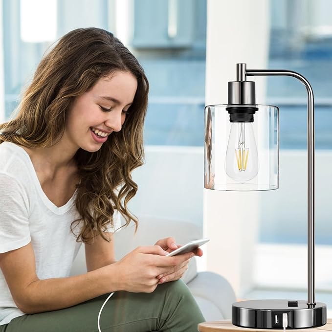 Industrial Touch Control Table Lamps Set of 2 - Black Nickel Bedside Lamps with 2 USB Ports & AC Outlet, 3-Way Dimmable Nightstand Desk Lamp for Bedroom Living Room, Glass Shade & 2 LED Bulbs Included