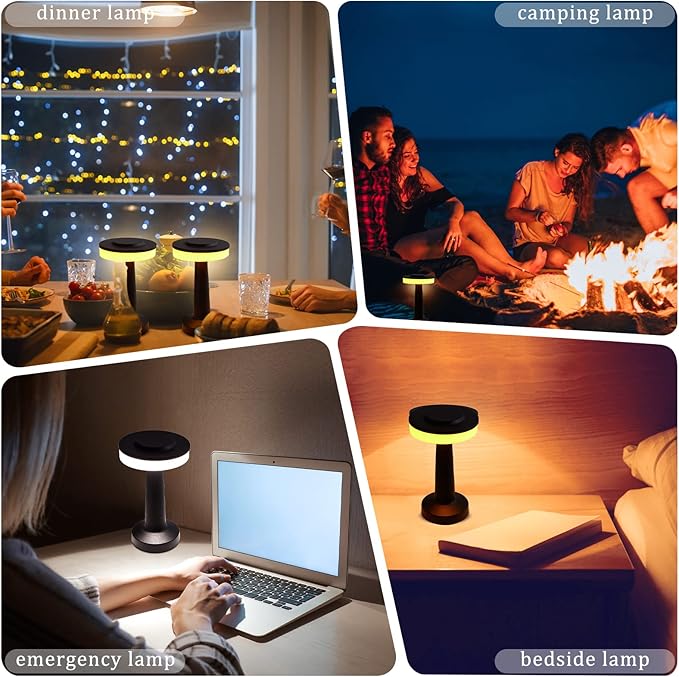 VIHOSE 8 Pcs Black Cordless Table Lamps LED Portable Rechargeable Table Lamp with Touch Sensor 3 Color Dimming up to 15 Hours Battery Desk Light for Restaurant Nursery Living Room
