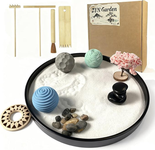 Desktop Zen Garden Kit with 3 Pattern Spheres & Rakes – Mini Japanese Sand Garden for Desk Decor, Stress Relief & Meditation – Includes Balance Stones, Creek Pebbles & Blossom Ornament