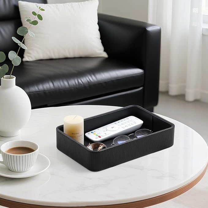 PU Leather Valet Tray Organizer, Modern Nightstand Organizer Bedside Desktop Storage for Womens and Men, Decorative Perfume Trinket Catchall Vanity Tray for Key Watch Wallet (Black)