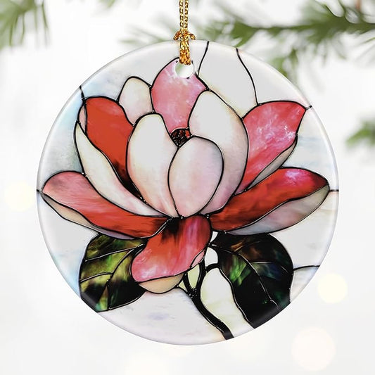 Magnolia Flower Ornament – Christmas Decoration & Christmas Ornament; Round Ceramic (Holiday Present, Bauble Present, Gift Idea, and Gift Exchange) | Heirloom Keepsake