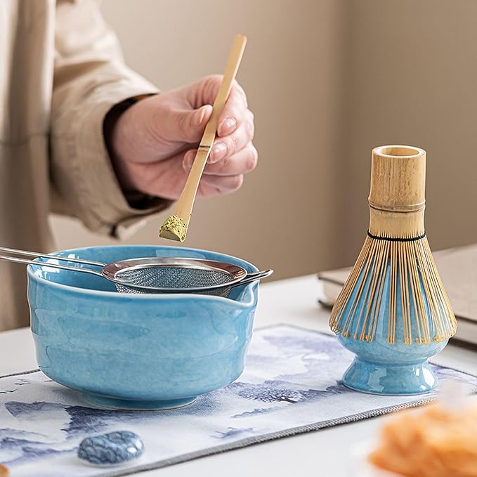 Ceramic Matcha Whisk Set, Complete Matcha Set-8PCS for Ceremonial Grade Matcha, Tea Gifts for Tea Lovers for Christmas, Birthday, Halloween (Sky Blue)