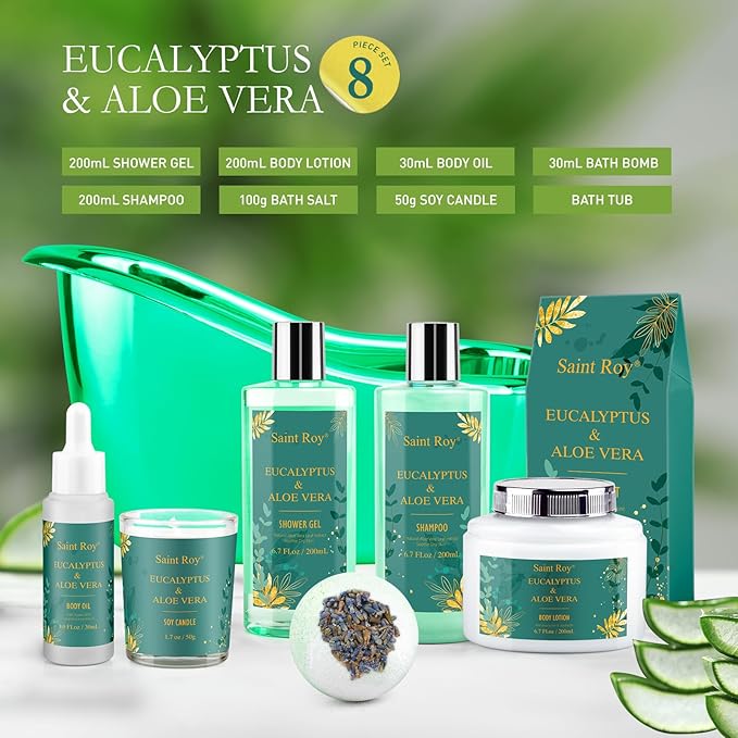 Spa Gift Basket Luxury bath and body Basket, Christmas Gifts for Women Her him, Bath Baskets for Women, 8 pcs Eucalyptus Aloe Spa shower gift, Birthday Gifts bath kit, Halloween gift Spa Kit