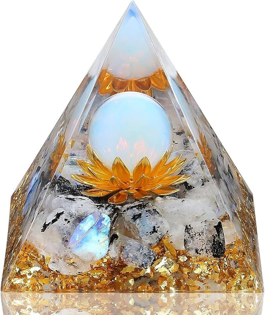 LAIDANLA Rainbow Moonstone Orgone Pyramid Healing Crystals Orgonite Pyramid Flower of Life Positive Energy Spiritual Reiki Gemstone Pyramid for Anti-Stress Inspirational Attracts Success Decor Gifts