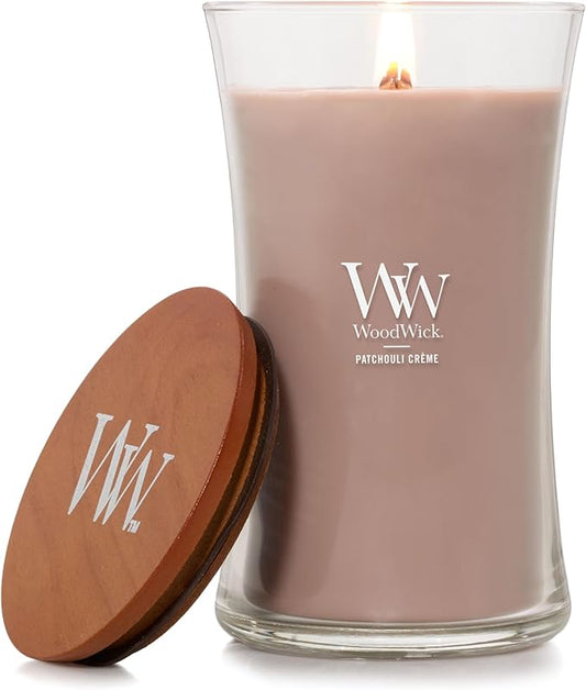WoodWick Patchouli Crème Gifts for Women and Men, 21.5 oz Large Hourglass Candle with Crackling Wick