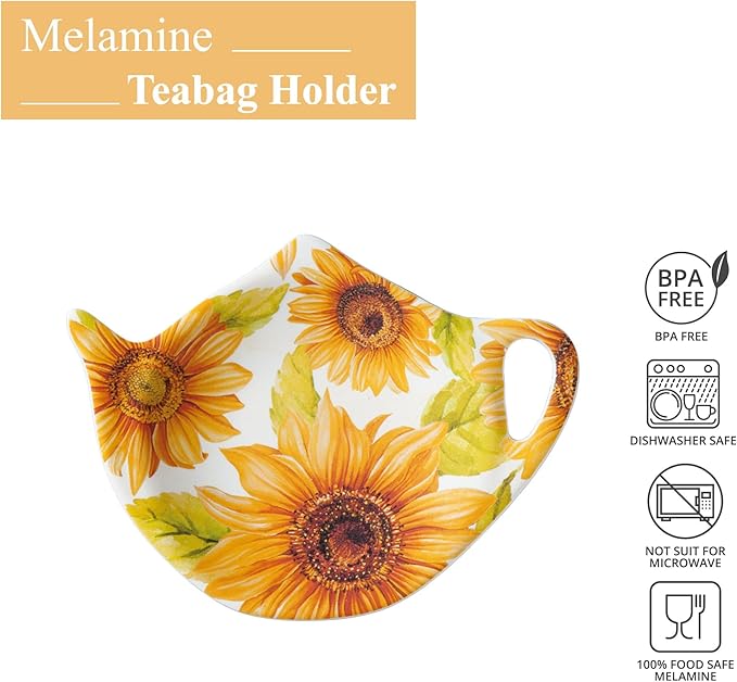 Supreme Housewares Sunflower Tea Bag Holders, Teapot Shaped Tea Bag Coasters Spoon Rests Saucer Seasoning Dish Set, Yellow, 4 x 3 Inch, Set of 4