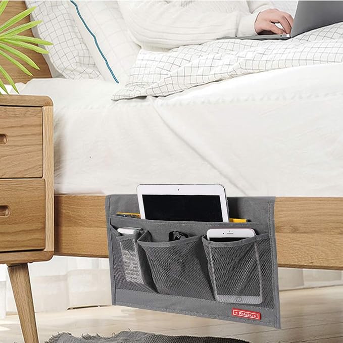 Bedside Caddy,Bedside Organizer Caddy Under Mattress,Holds Magazines,Books (4 Pockets-Grey)