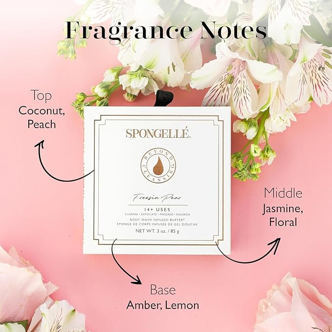 Spongelle Wild Flower Buffer Body Scrubber Bundle with Box | Bath & Shower Loofah for Women | Exfoliator with Body Wash Infused | 14+ uses (Beach Grass, French Lavender, Freesia Pear)