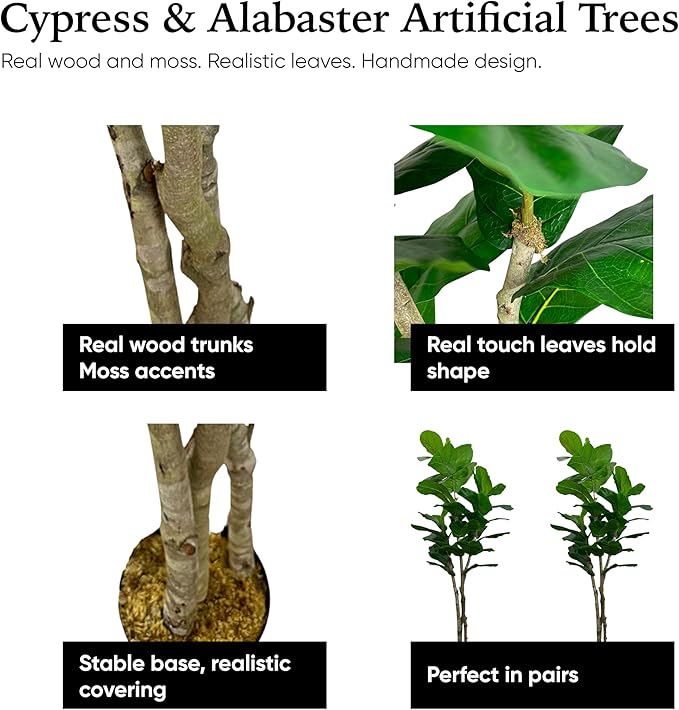 Cypress & Alabaster Handmade 7ft Oversized Fiddle Leaf Fig Ficus Lyrata Artificial Tree with Ethically Sourced Real Wood Trunks, Hypoallergenic, 7-Foot, Green