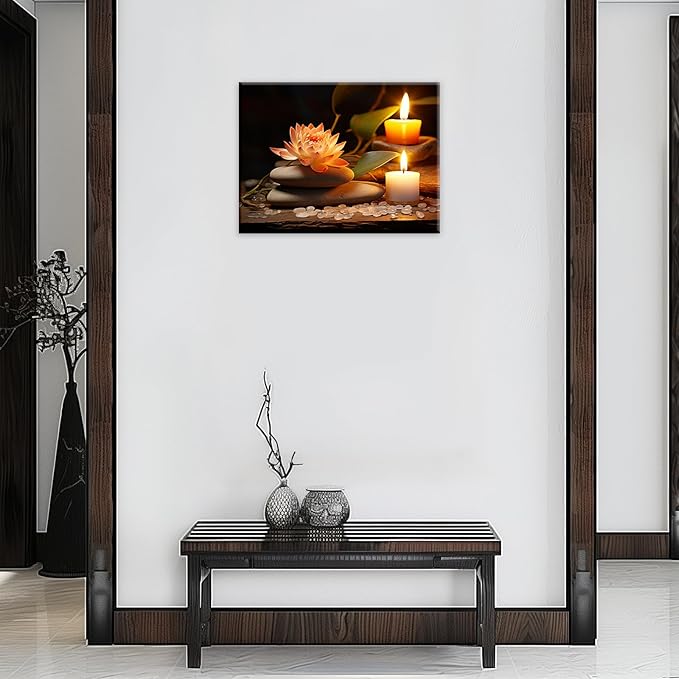 Zen Canvas Wall Art Lotus Flower Stone Painting Framed Spiritual Artwork Meditation Decor for Living Room Bedroom Ready To Hang(Artwork-2,16"x24")