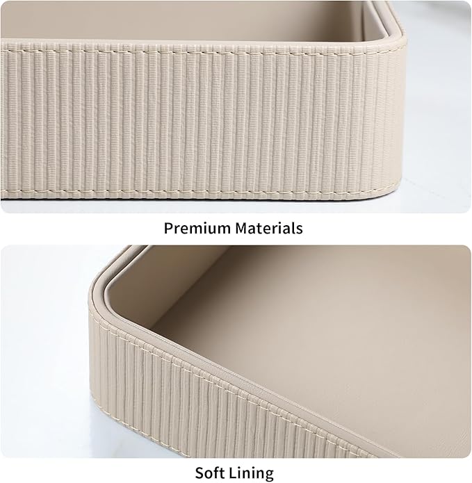 PU Leather Valet Tray Organizer, Modern Nightstand Organizer Bedside Desktop Storage for Womens and Men, Decorative Perfume Trinket Catchall Vanity Tray for Key Watch Wallet (Beige)