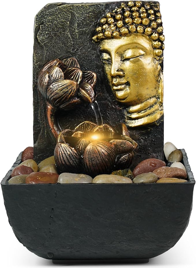 Ferrisland Tabletop Buddha & Lotus Waterfall Fountain with LED Light, Perfect for Zen Home & Office Decor(Gold)