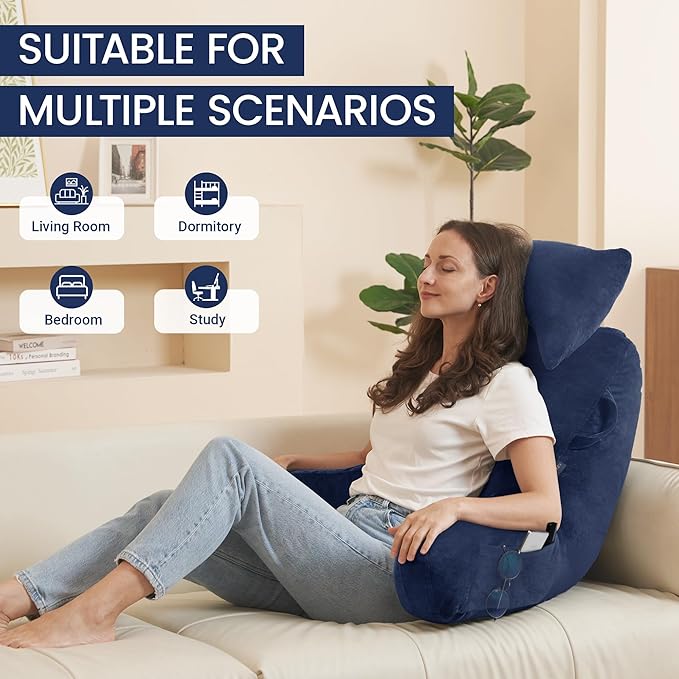 Portable Reading Pillows with Headrest for Bed Sitting Up(Royal Blue Oeko-Tex), Velvet Back Pillow with Arms & Pockets for Adults, Support Memory Foam Bed Pillow for Dorm/Watching/Gaming