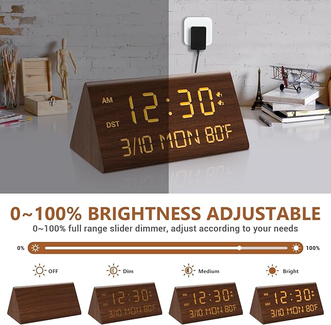 Kogonee Wooden Digital Alarm Clock, 0-100% Dimmer, 2 Alarm Settings, Weekday/Everyday Mode, 9 Mins Snooze, 12/24H, Temperature and Date Display for Office, Travel, Bedroom Alarm Clock (Brown)