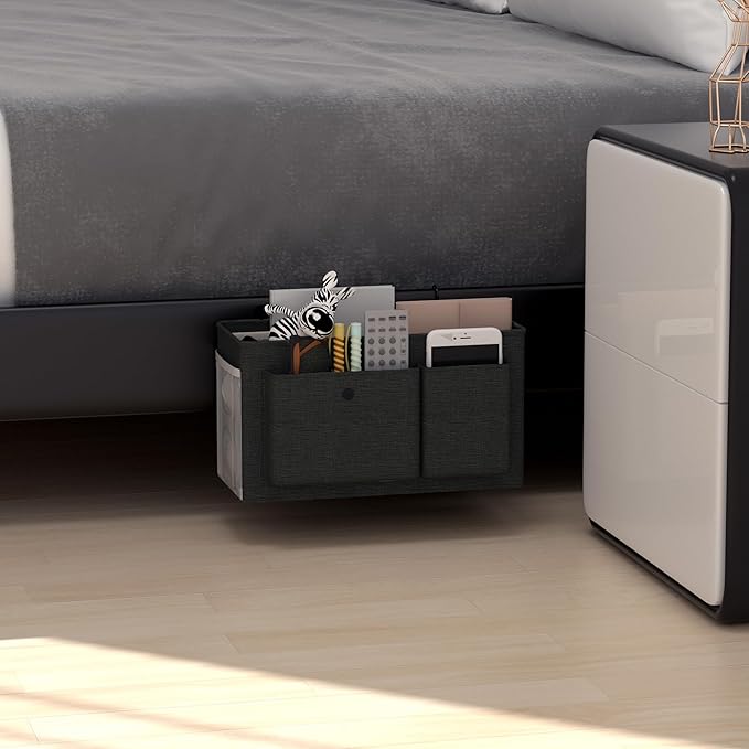 Bedside Caddy Bedside Organizer with Fixed Straps & Water Bottle Holder, Bunk Bed Caddy ideal for Home, Dorm, Hospital, Crib, Versatile Bedside Storage Solution (Black 2pcs)