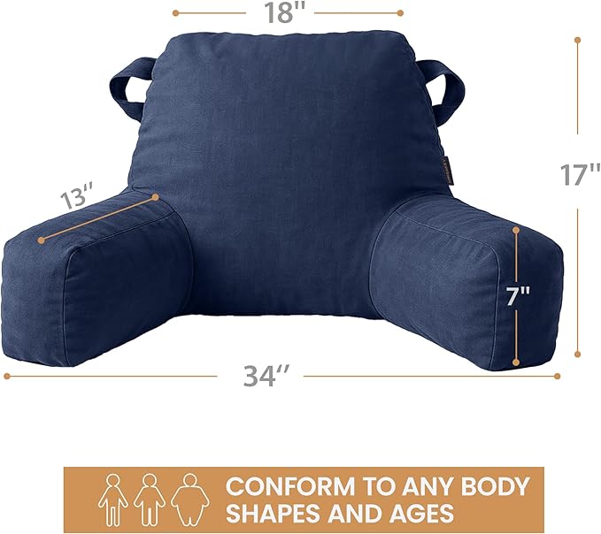 Portable Comfy Reading Pillows for Bed Sitting Up(Royal Blue Oeko-Tex), Velvet Back Pillow with Arms & Pockets for Adults, Support Memory Foam Bed Pillow for Dorm/Reading/Watching/Gaming