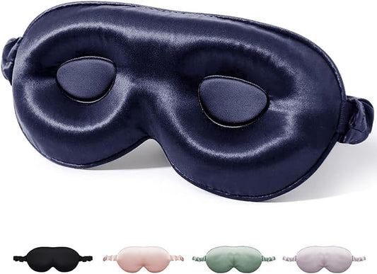 100% Mulberry Silk Sleep Mask for Unisex, 22 Momme 3D Silk Contoured Eye Mask, Breathable Light Blocking Blindfold with Adjustable Strap, Blackout Eye Cover for Travel, Blue