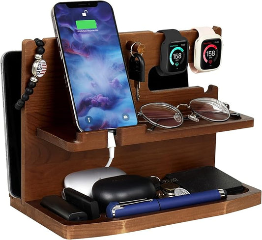Gifts for Men Desk or Nightstand Organizer - Wood Phone Docking Station - Birthday Gifts for Husband, Fathers Day for Dad - Anniversary Idea from Wife - Key Holder, Stand Wallet, Watch & Essentials