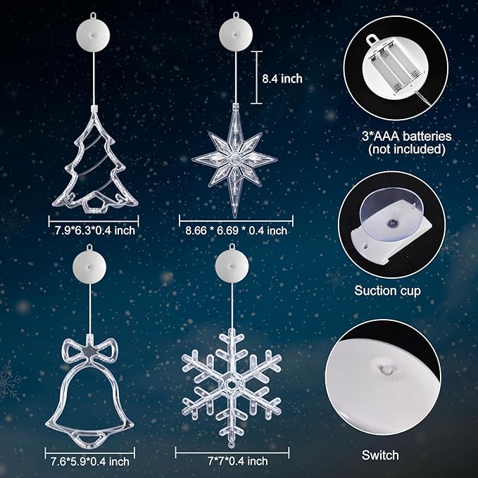 4Pack Christmas Window Lights Decorations with Timer,Battery Powered Christmas Hanging Multicolor Lighted Snowflake Tree Bells Lucky Star Shaped LED Sucker for Xmas Tree Fireplace Indoor Decor