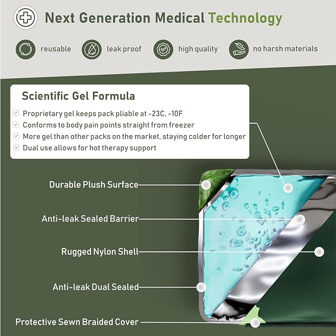 Extra Large Gel Ice Packs for Injuries Reusable - Flexible Gel Ice Packs Reusable, Hip, Shoulder, Back Pain Relief - 14" x 22" - Green