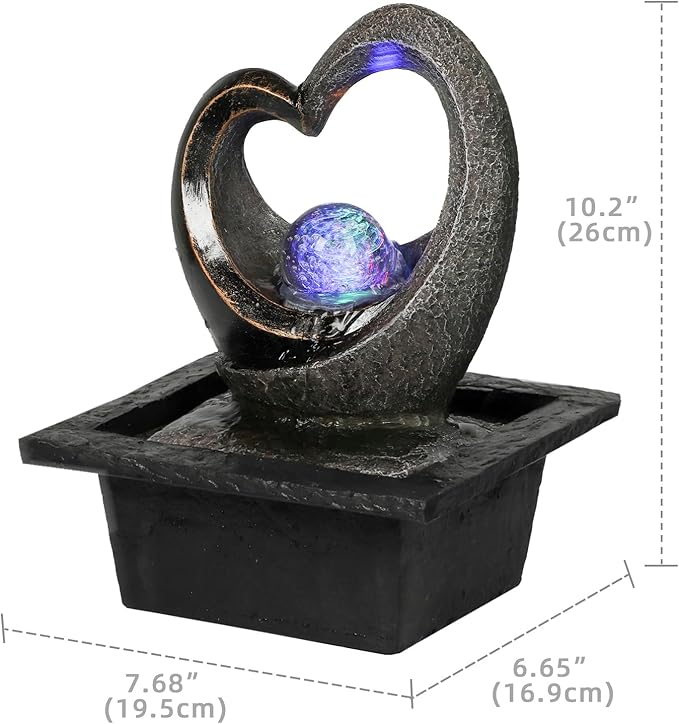 Ferrisland Tabletop Water Fountain, Zen Meditation Indoor Waterfall Fountain, Heart Shape Decoration with LED Light for Home Office Bedroom Relaxation Decor, Gift Ideas