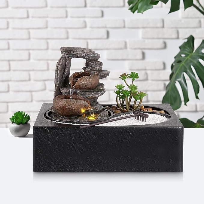 WICHEMI Water Fountains Indoor Waterfall Fountain Tabletop Fountain with LED Light Water Feature Indoor Zen Meditation Relaxation Desktop Fountains for Home and Office Indoor Spaces Decor