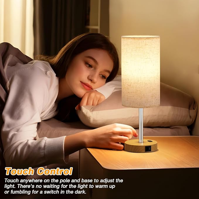 Dicoool Touch Bedside Table Lamp with USB - 3 Way Dimmable Wood Lamp for Bedroom Nightstand, Desk Lamp with Charging Station for Dorm, Office, Kids Room, Living Room
