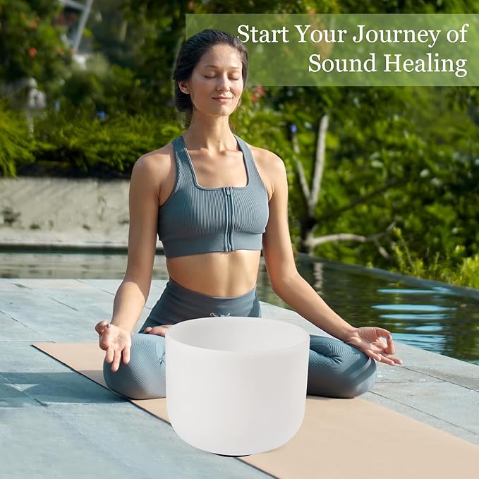 432HZ 12 Inchs Frosted Crystal Singing Bowl Set for Meditation Healing Yoga Chakra Quartz Crystal Sound Bowls with Heavy Duty Carry Case and Rubber Mallet,Suede Striker,O-rings