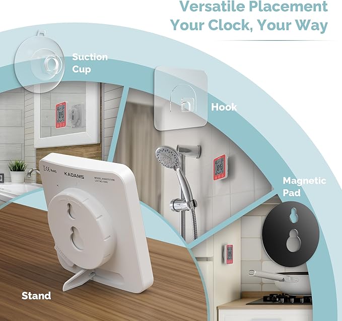 KADAMS Shower Clock Waterproof Bathroom Timer – Digital Wall Clock with Countdown, Magnetic Kitchen Clock with Temperature & Humidity, Suction Cup for Kids Shower Spa Sauna Cook Bath (Red)