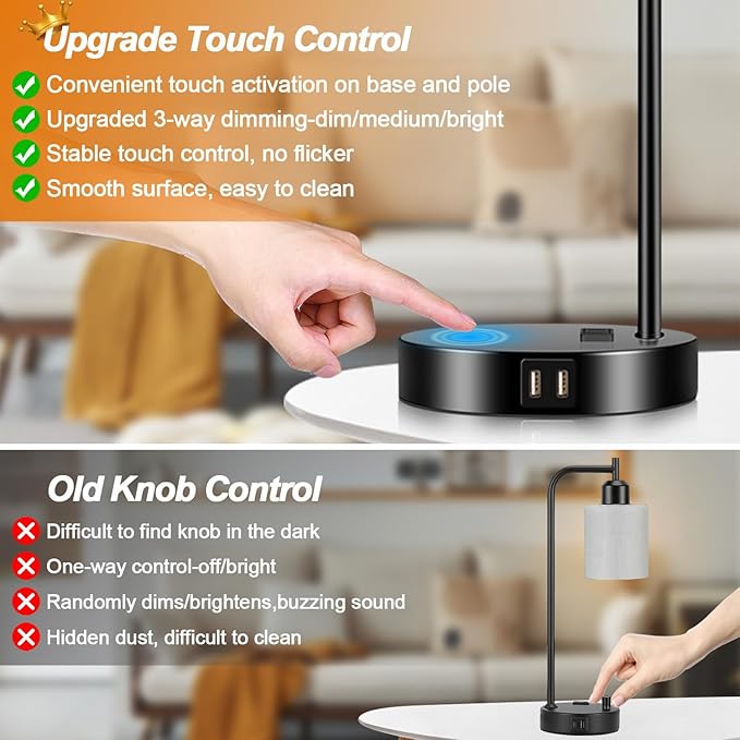 Set of 2 Industrial Touch Control Table Lamps with 2 USB Ports and AC Outlet - 3-Way Dimmable Black Bedside Lamp Nightstand Desk Lamps for Bedroom Living Room, Opal Glass Shade & 2 LED Bulbs Included