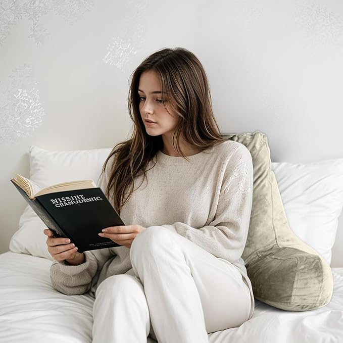 Reading Pillow for Sitting in Bed Adult, Reading Pillow with Shredded Memory Foam, Bed Pillow with Washable Cover, Back Pillow Sitting Up with Extend Arms, Beige, X-Large