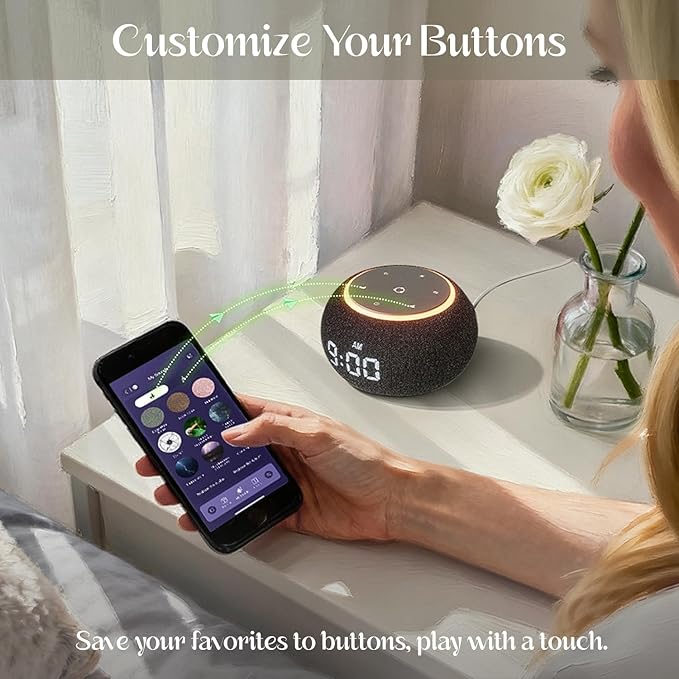 White Noise Sound Machine for Sleep, Dual-Stage Alarm, Snooze, Smart App Control, Custom Buttons, 507 Non Looping Soothing Sounds, Dimmable Clock, Timer, Night Light, for Baby Adults Kids Black