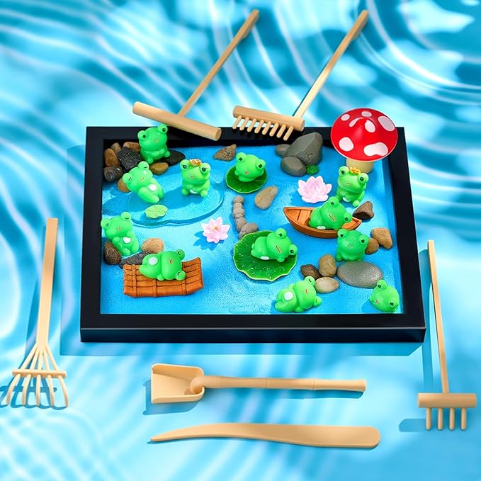 Soulchen Zen Garden Kit for Desk Decor Christmas Sand Zen Garden Gifts Mini Sandbox Set with Black Wooden Tray, Sand, Tools & Accessories Japanese Gifts for Meditation Room Office Home