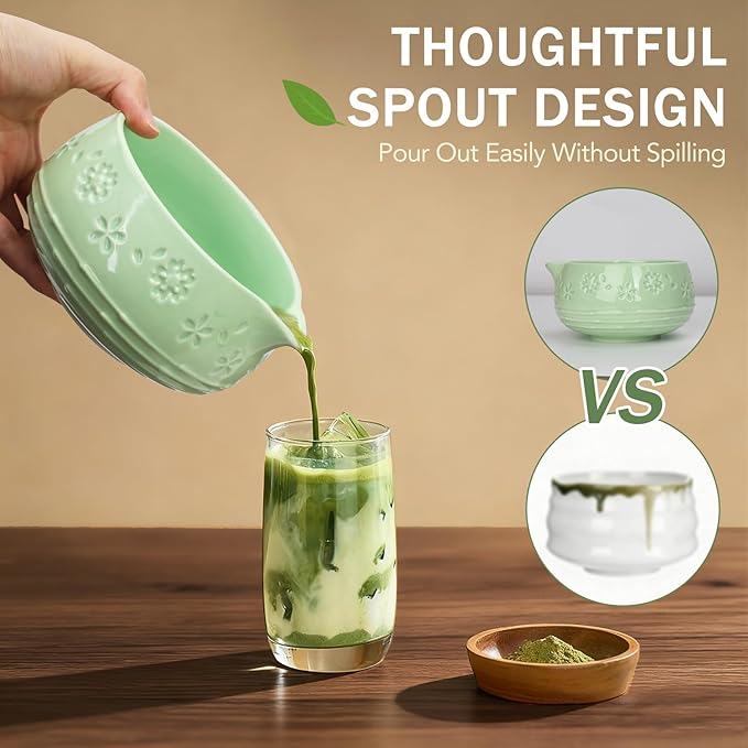 Matcha Whisk Set, Ceramic Bowl with Spout, Bamboo Matcha Whisk & Spoon, Chasen Holder, Scoop Rest, Sifter, 8-Pcs Japanese Matcha Powder Kit–Gift for Ceremony & Matcha Lovers-Mint