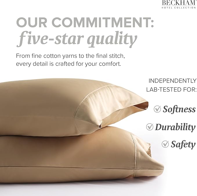 Beckham Hotel Collection Bed Pillowcases Standard/Queen Size Set of 2, 500TC 100% Cotton, Luxury Sateen Bedding, Open End, Breathable, Moisture-Wicking, Sand