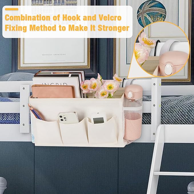 Bedside Caddy Storage Organizer with Fixed Straps and Water Bottle Holder for Home, College, Dorm, Bunk/Hospital/Crib Bed Rails, White