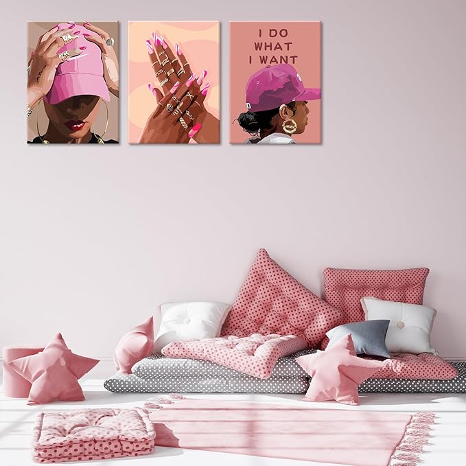 Black Girl Canvas Wall Art pink trend American Black Woman Posters Prints Wall Decor Pictures for Home Living Room Bedroom study Decoration,Framed12 x 16inches X3piece