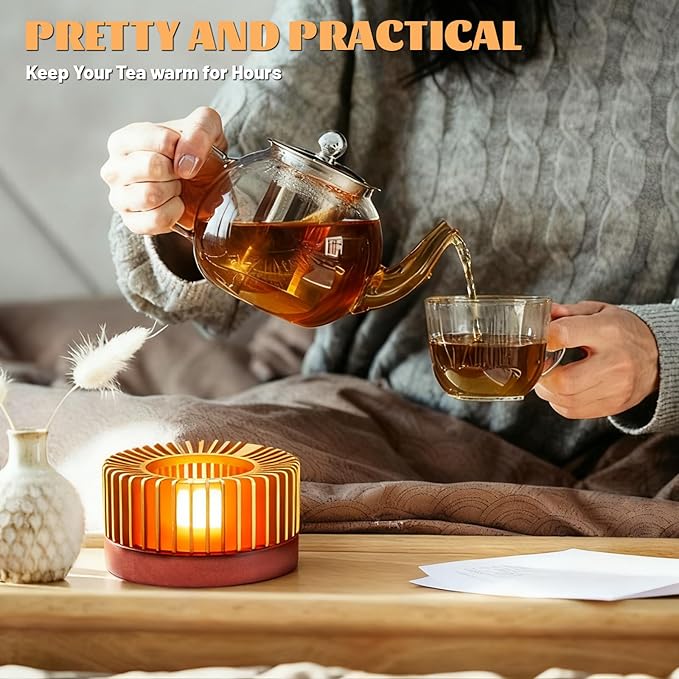 Inmorven Teapot Warmer, Aluminum Tea Warmer with Wooden Base, Candle Heater for Heating Tea, Coffee, Milk, Food,Camping and Traveling, Suitable for All Teapots