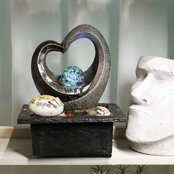 Ferrisland Tabletop Water Fountain, Zen Meditation Indoor Waterfall Fountain, Heart Shape Decoration with LED Light for Home Office Bedroom Relaxation Decor, Gift Ideas