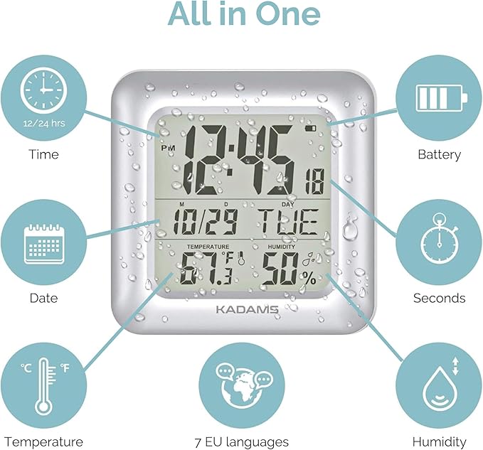 KADAMS Bathroom Clock 9.5" Kitchen Wall Clock with Large LCD Screen – Shower Clock with Suction Cup,Temperature, Humidity, Calendar – Water-Resistant, 4 Mounting Options, Silver