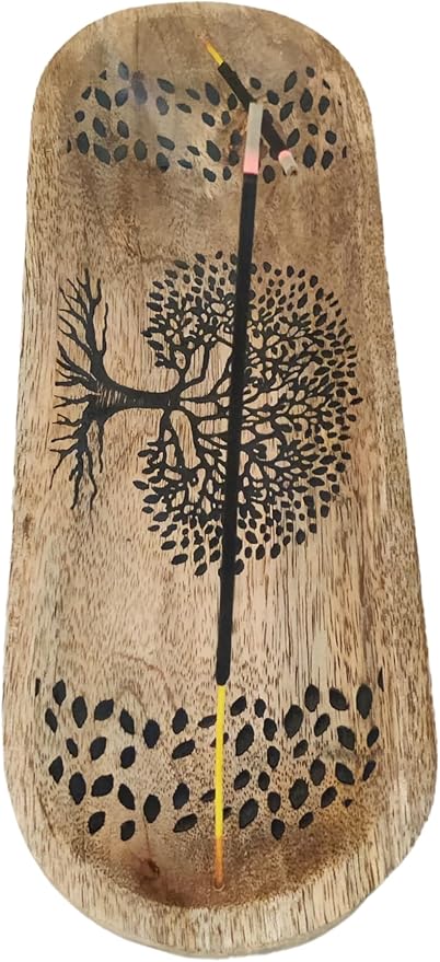 VANIYA CRAFTS® Wooden Handmade Tree of Life Design Boat Shape Incense Holder Stand Insence Tray for Home Decor Restaurant (11X4, Natural Black)